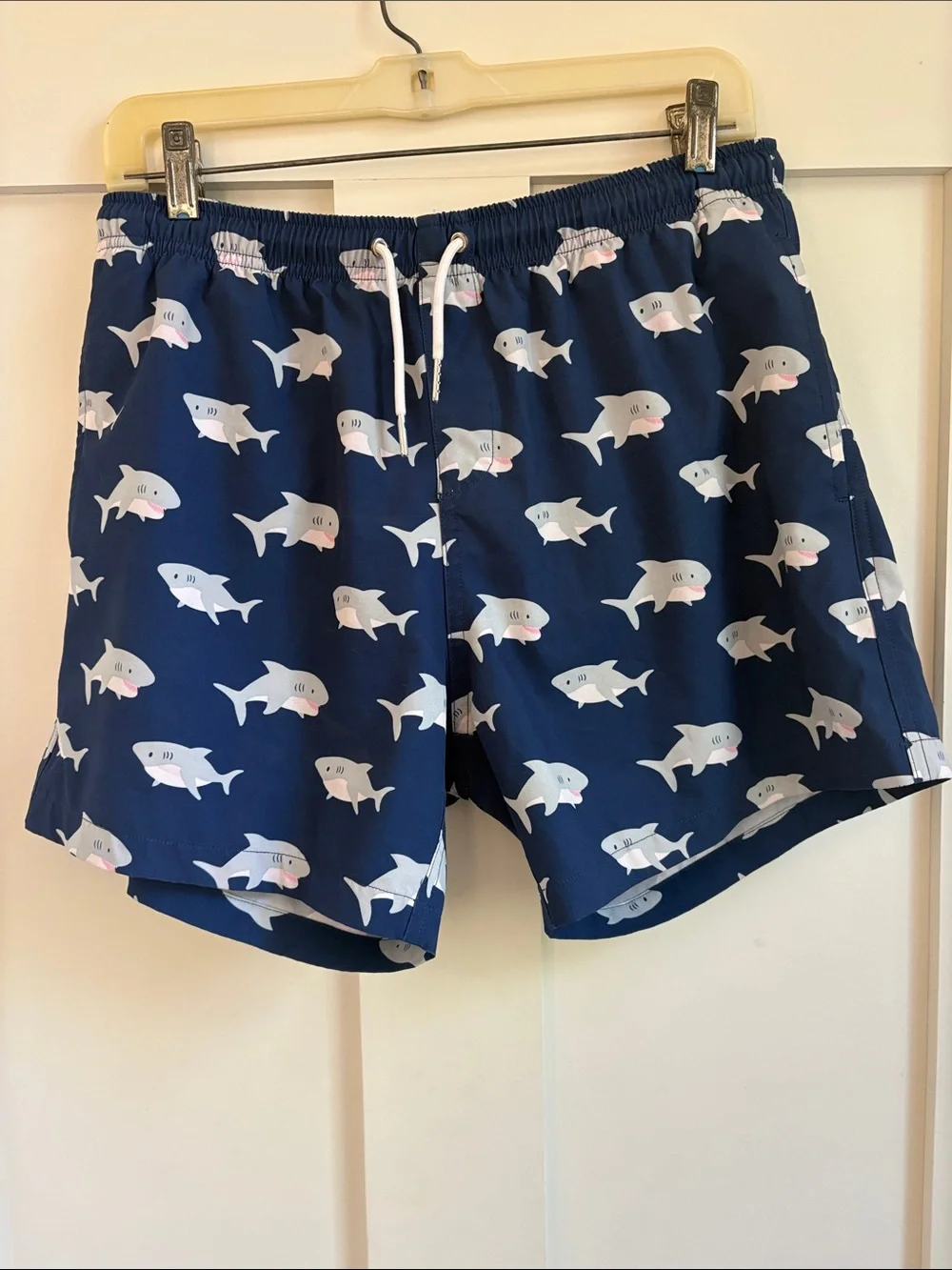 Navy Shark Pattern Swim Trunks with Drawstring